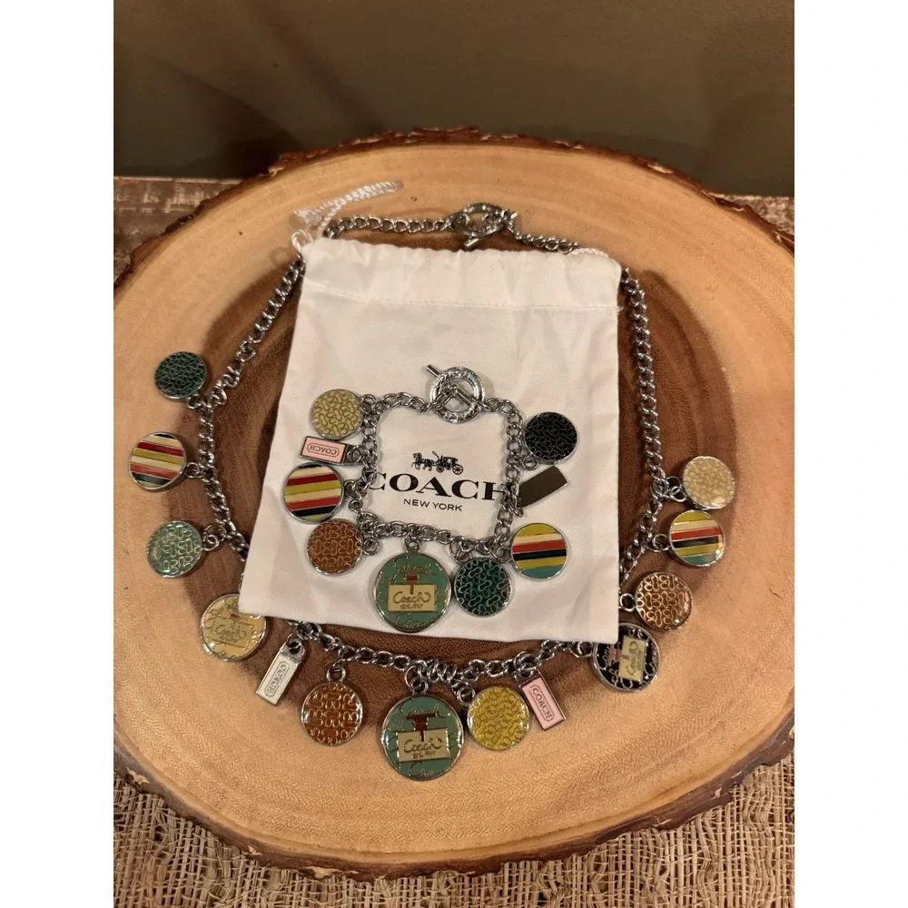 Vintage Y2K Coach Legacy stripe charm bracelet and matching necklace Enamel Rare